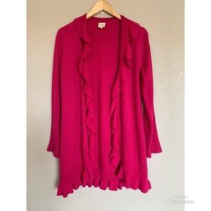 Boo Gemes Pink Merino Wool Cardigan Size Medium Longline Ruffle 100% Wool